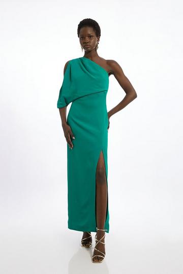 Green Compact Stretch Viscose One Shoulder Maxi Dress