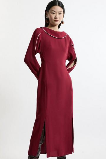 Soft Tailored Tipping Cowl Detail Sleeved Midi Dress merlot