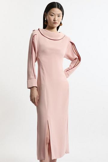 Soft Tailored Tipping Cowl Detail Sleeved Midi Dress rose