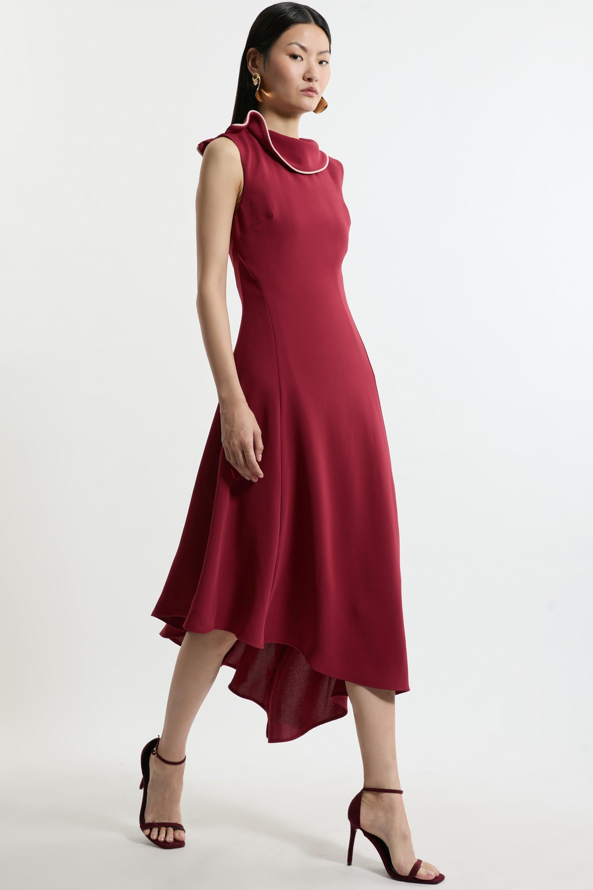 Soft Tailored Tipped Fluid Asymmetric Hem Midi Dress