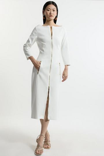 Compact Stretch Tailored Long Sleeve Zip Through Maxi Dress ivory