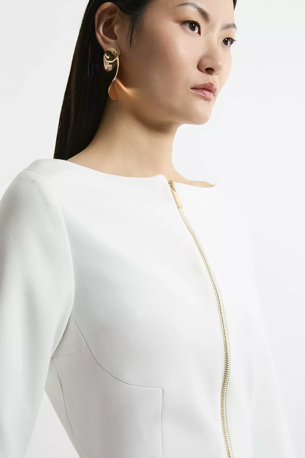 Compact Stretch Tailored Long Sleeve Zip Through Maxi Dress