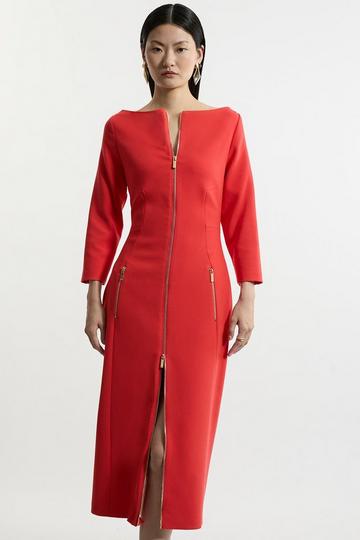 Compact Stretch Tailored Long Sleeve Zip Through Maxi Dress red