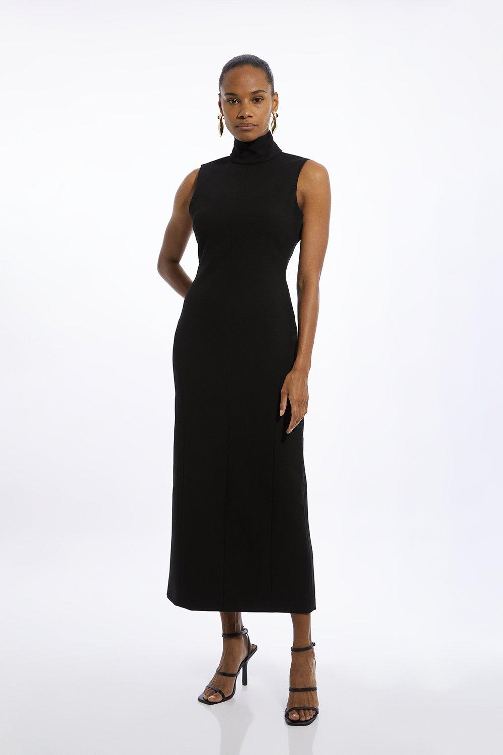 Compact Stretch High Neck Seamed Midi Dress