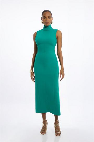 Compact Stretch High Neck Seamed Midi Dress emerald