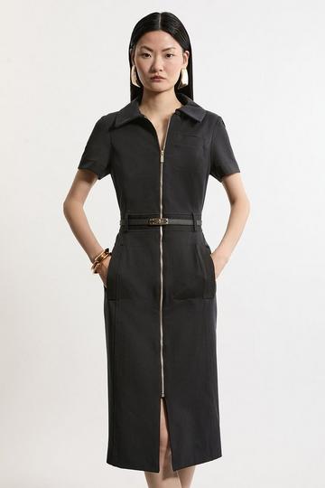 Black Compact Stretch Colourblock Grosgrain Zip Tailored Midi Dress