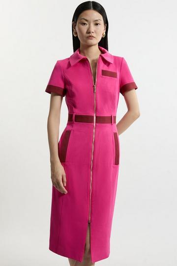 Pink Compact Stretch Colourblock Grosgrain Zip Tailored Midi Dress