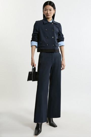 Navy Compact Stretch Tailored High Waisted Slim Leg Pants