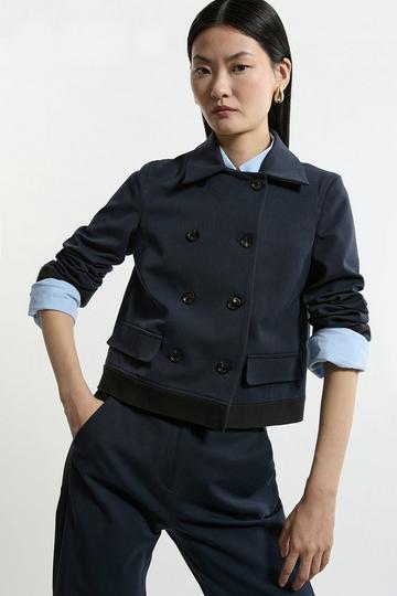 Navy Compact Stretch Collared Double Breasted Grosgrain Blazer Jacket