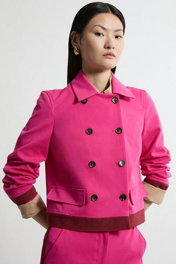 Pink Compact Stretch Collared Double Breasted Grosgrain Blazer Jacket