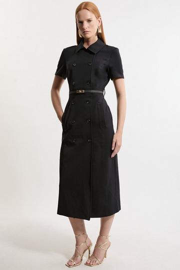 Black Compact Stretch Colourblock Grosgrain Button Tailored Midi Dress