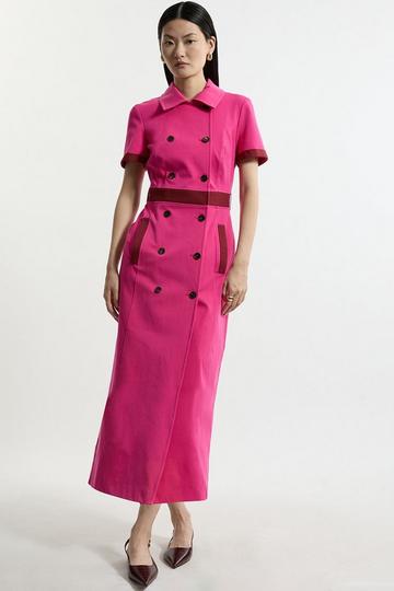 Compact Stretch Colourblock Grosgrain Button Tailored Midi Dress pink