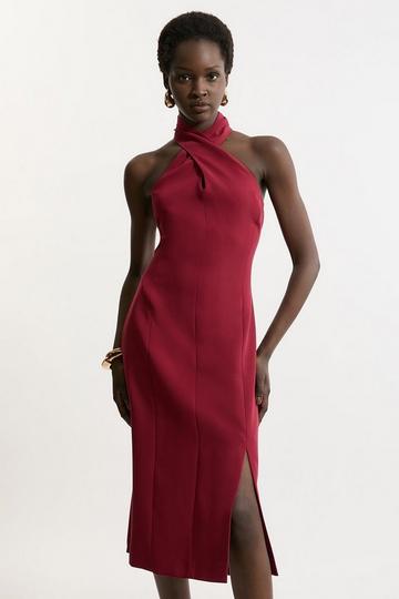 Soft Tailored Color Block Tailored Halter Neck Midi Dress merlot