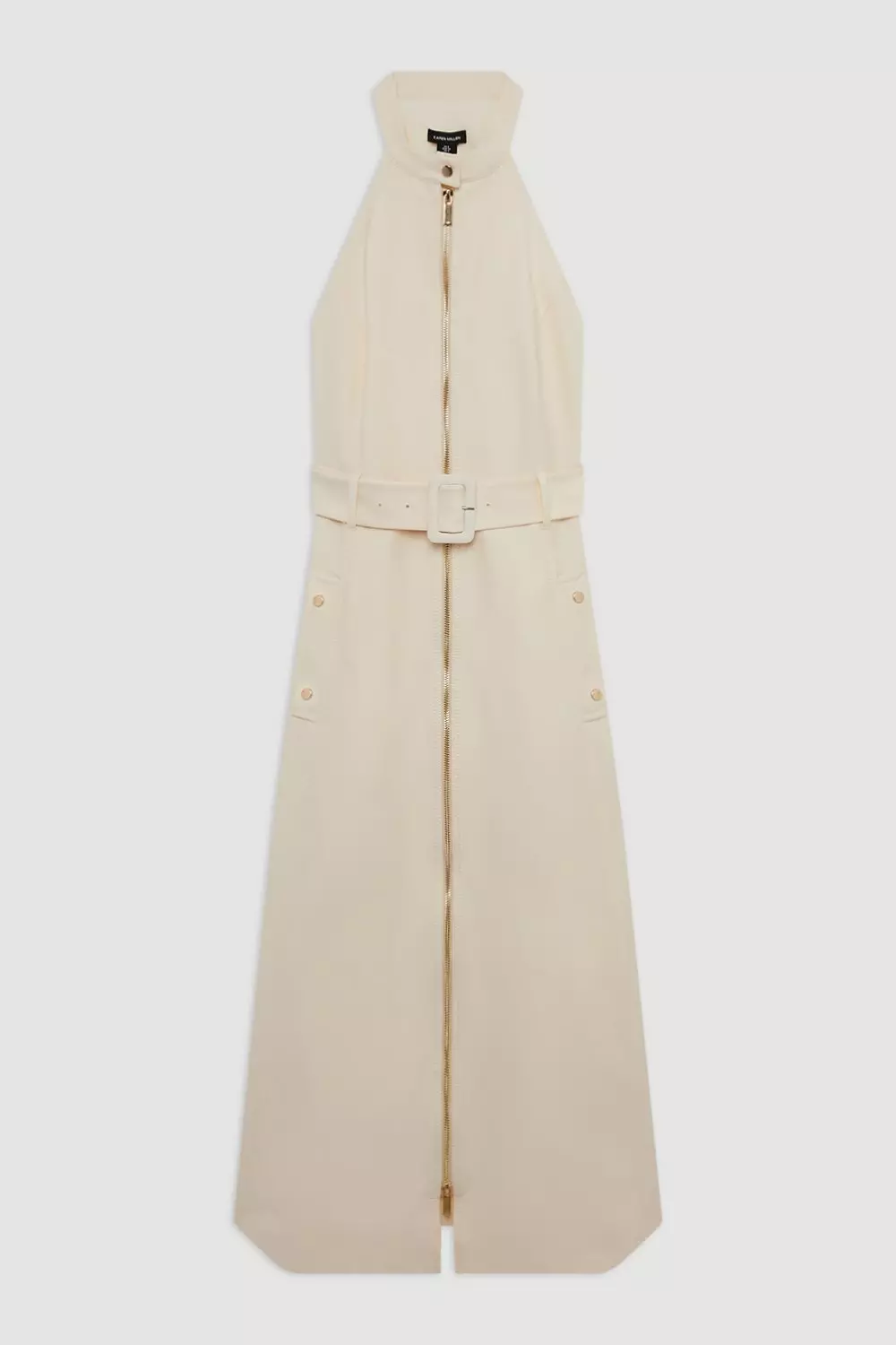 Tailored Cotton Belted Halter Neck Full Skirted Maxi Dress