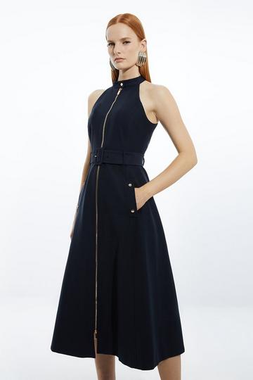 Tailored Cotton Belted Halter Neck Full Skirted Midaxi Dress navy