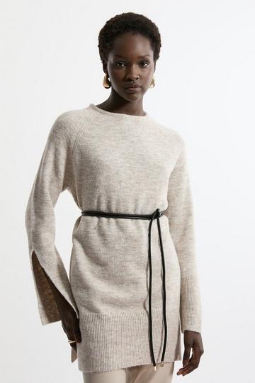 Wool Blend Cosy Tunic With Pu Belt Trim ivory