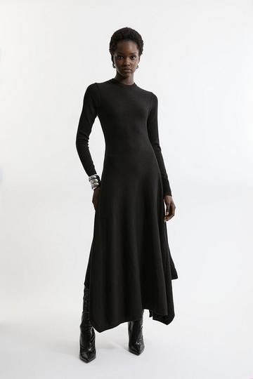 Black Wool Look Hanky Hem Midaxi Knit Dress