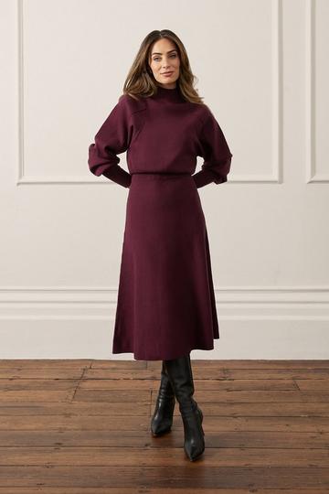 Burgundy Red Lydia Millen Wool Look Rounded Sleeve Knit Midaxi Dress