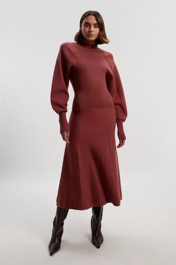 Wool Look Rounded Sleeve Knit Midi Dress rust