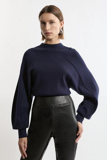 Navy Wool Look Rounded Sleeve Knit Top