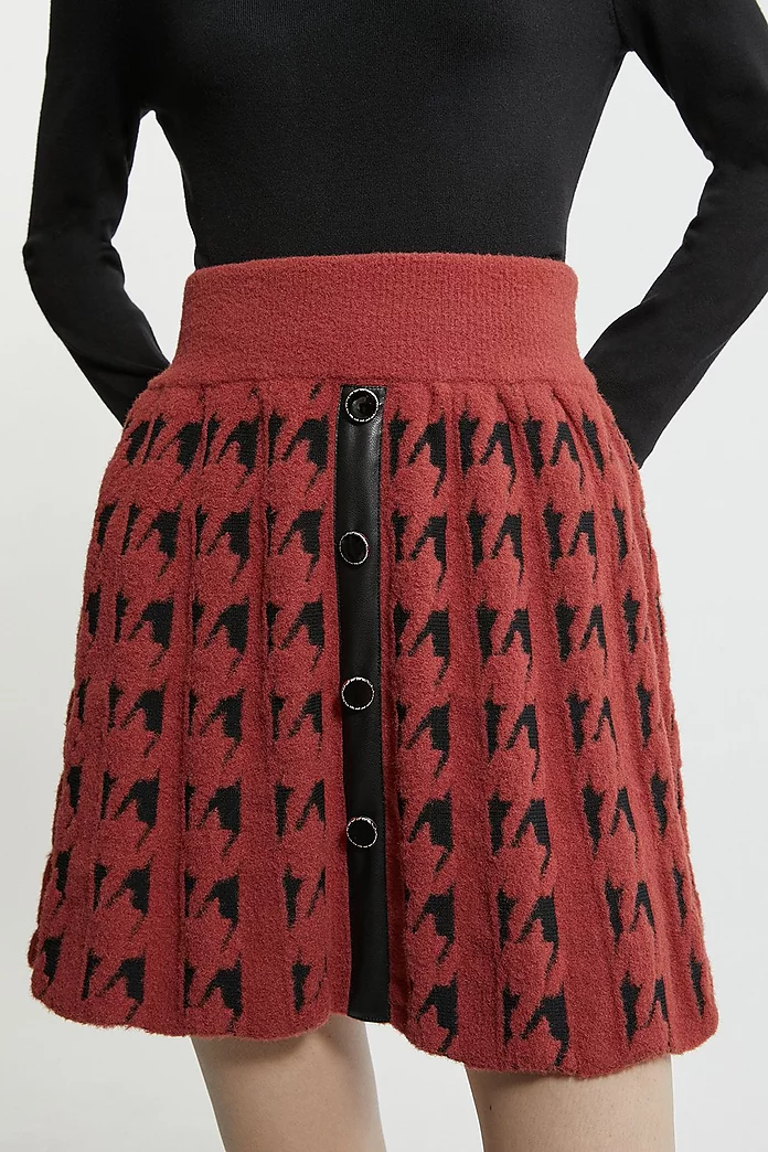 Boucle Knit Dogtooth Jacquard Pu Trim Skater Skirt | Karen Boucle Knit Dogtooth Jacquard Pu Trim Skater Skirt | Karen