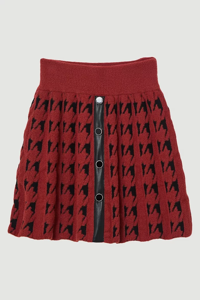 Boucle Knit Dogtooth Jacquard Pu Trim Skater Skirt | Karen Boucle Knit Dogtooth Jacquard Pu Trim Skater Skirt | Karen