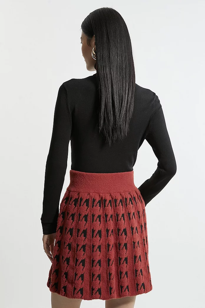 Boucle Knit Dogtooth Jacquard Pu Trim Skater Skirt | Karen Boucle Knit Dogtooth Jacquard Pu Trim Skater Skirt | Karen
