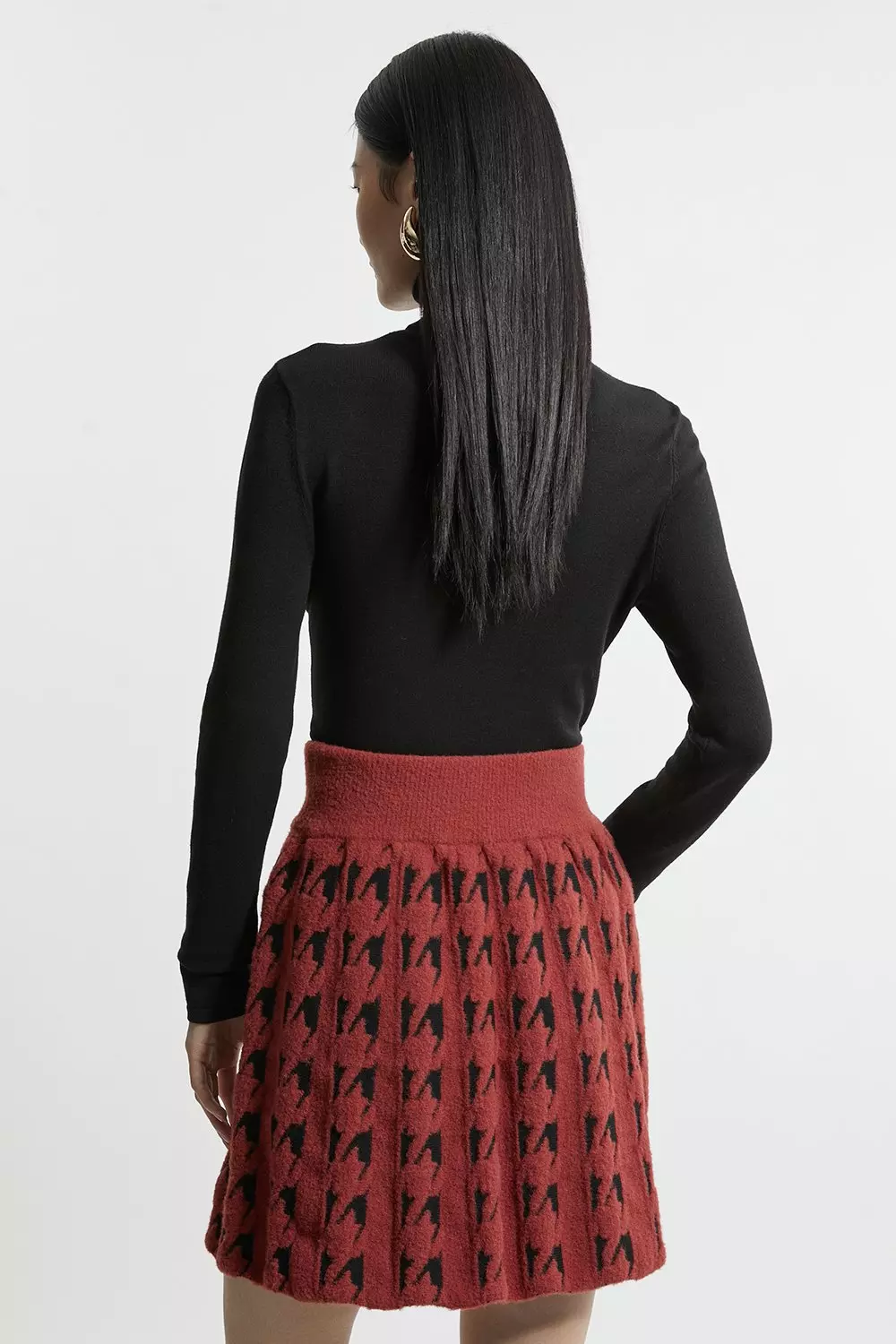 Boucle Knit Dogtooth Jacquard Pu Trim Skater Skirt Karen Millen