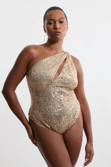 Plus Size Sequin Cut Out Swimsuit gold