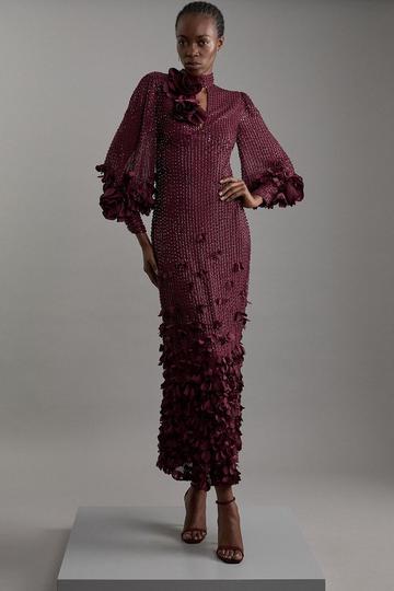 Crystal Embellished Applique Woven Maxi Dress plum