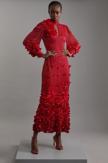 Red Crystal Embellished Applique Woven Maxi Dress