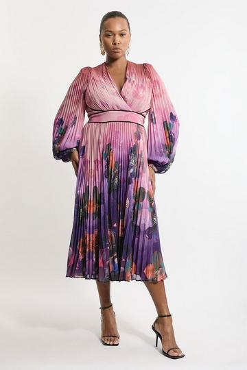 Pus Size Ombre Floral Soft Pleated Long Sleeve Maxi Dress purple