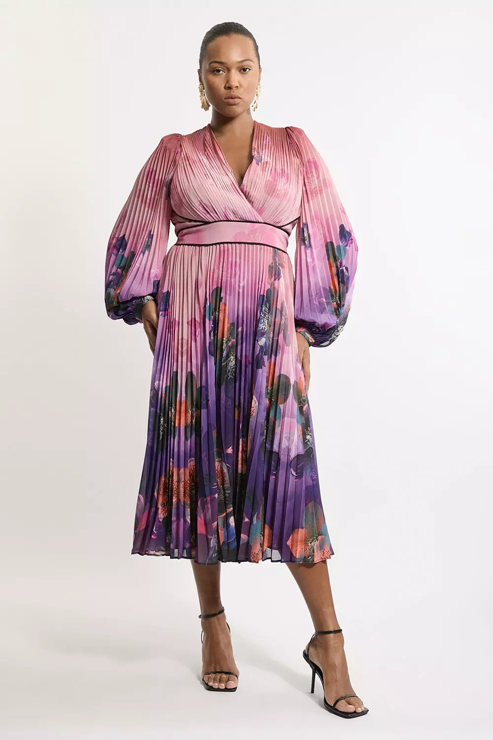 Pus Size Ombre Floral Soft Pleated Long Sleeve Maxi Dress Karen Millen