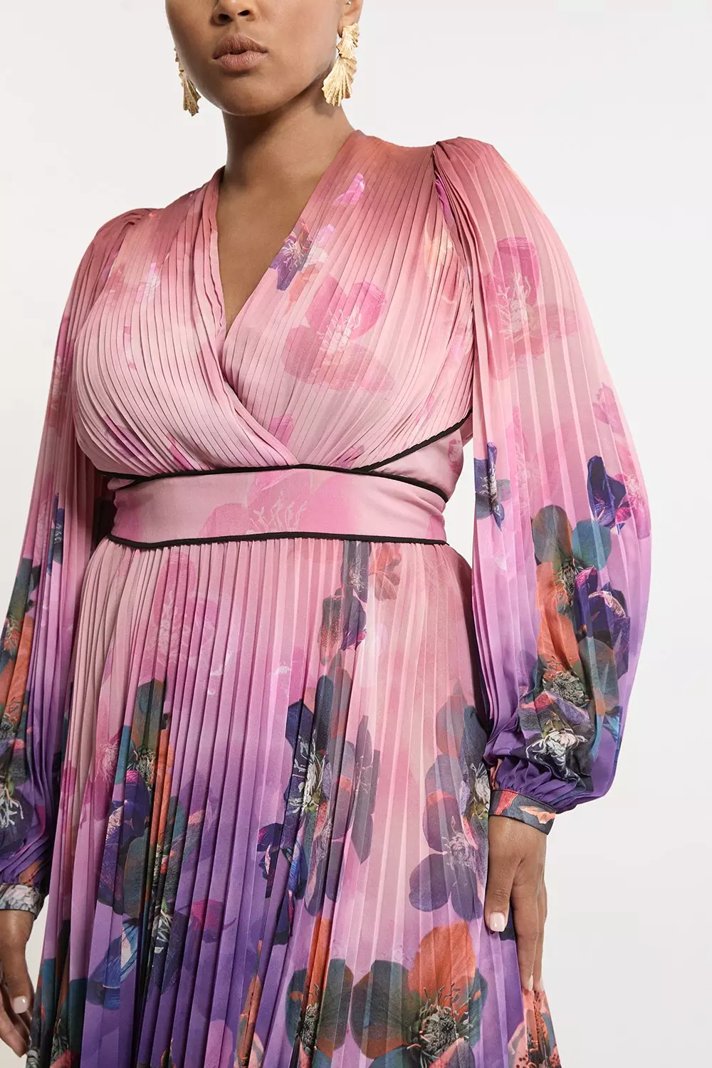 Plus Size Ombre Floral Soft Pleated Long Sleeve Maxi Dress
