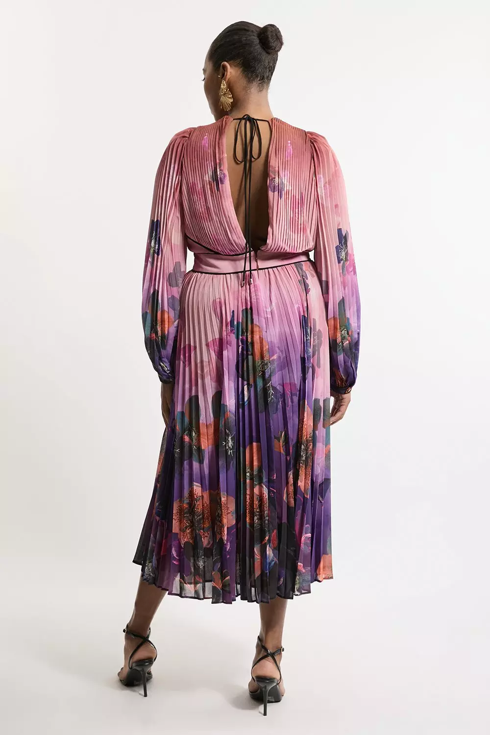 Plus Size Ombre Floral Soft Pleated Long Sleeve Maxi Dress