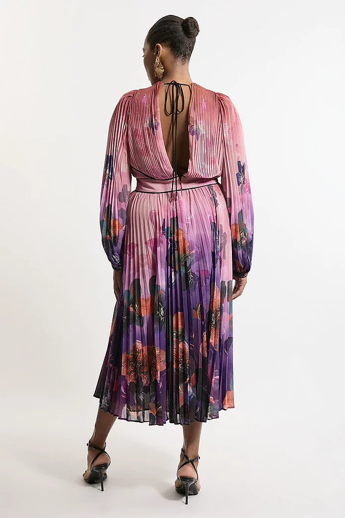 Plus Size Ombre Floral Soft Pleated Long Sleeve Maxi Dress Plus Size Ombre Floral Soft Pleated Long Sleeve Maxi Dress