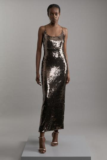 Petite Disc Sequin Strappy Woven Midi Dress gun metal