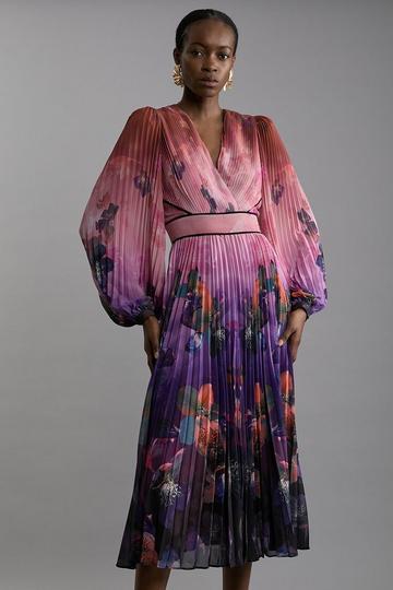 Ombre Floral Soft Pleated Long Sleeve Maxi Dress purple