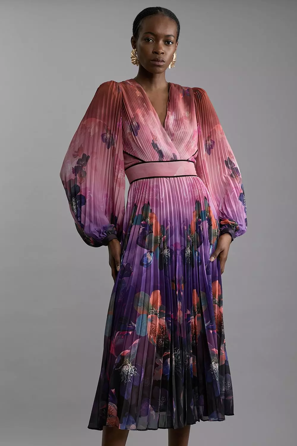 Ombre Floral Soft Pleated Long Sleeve Maxi Dress Karen Millen