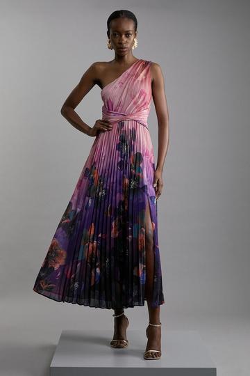 Purple Petite Ombre Floral Soft Pleated One Shoulder Midaxi Dress