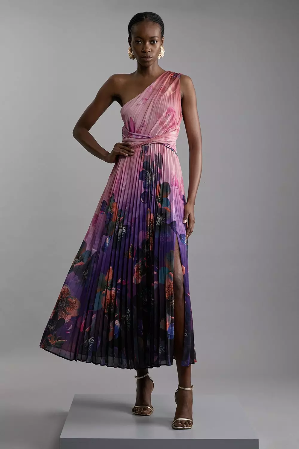 【KAREN MILLEN】プチ オープンネックテーラードミディドレス Petite Ombre Floral Soft Pleated One Shoulder Maxi Dress
