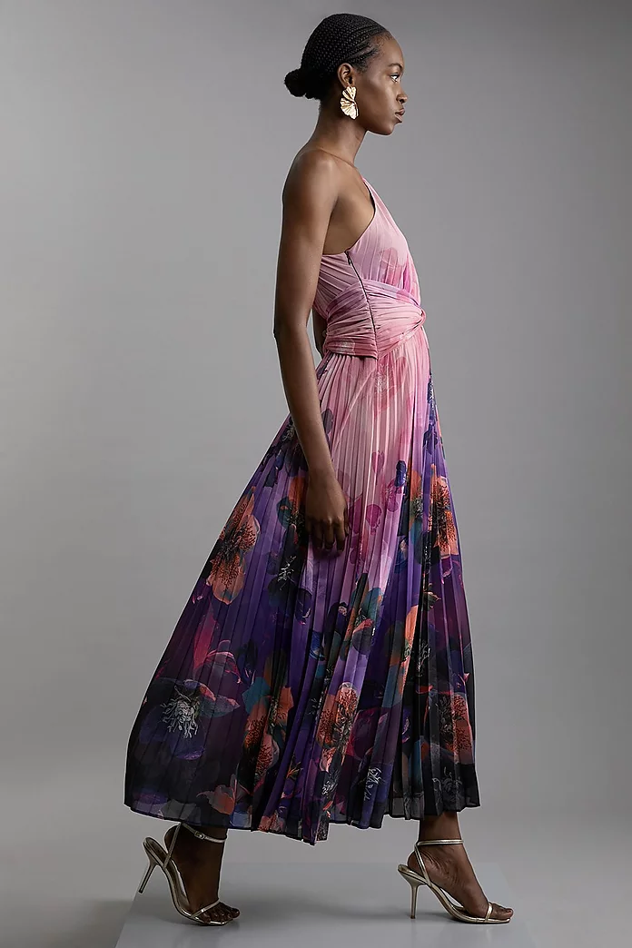 Petite Ombre Floral Soft Pleated One Shoulder Maxi Dress | Karen Millen Petite Ombre Floral Soft Pleated One Shoulder Maxi Dress | Karen Millen