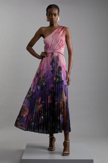 Purple Ombre Floral Soft Pleated One Shoulder Midaxi Dress