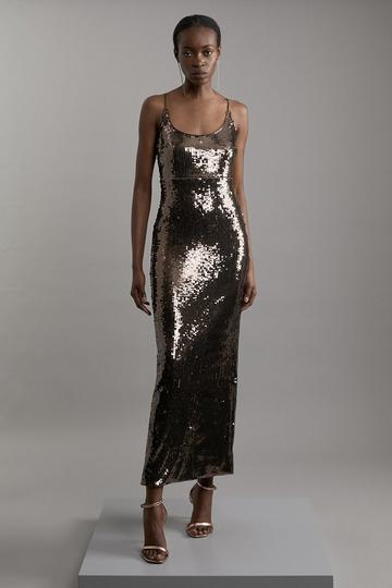 Disc Sequin Strappy Woven Midi Dress gun metal