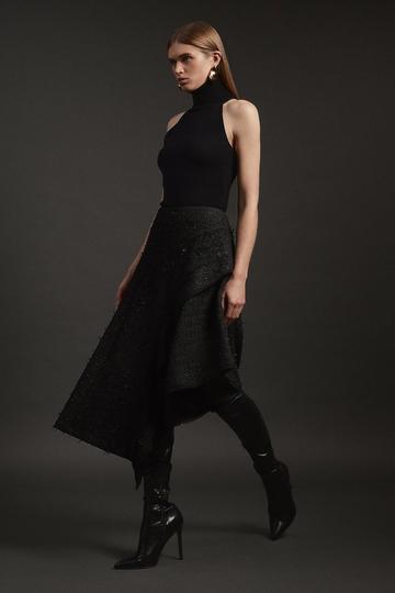 Black Metallic Boucle Tailored Ruffle Asymmetric Midaxi Skirt