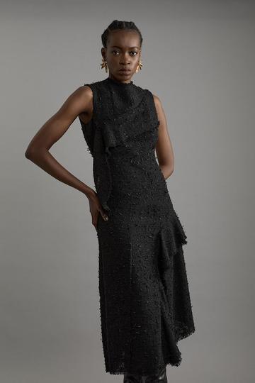 Black Metallic Boucle Tailored Sleeveless Asymmetric Midaxi Dress