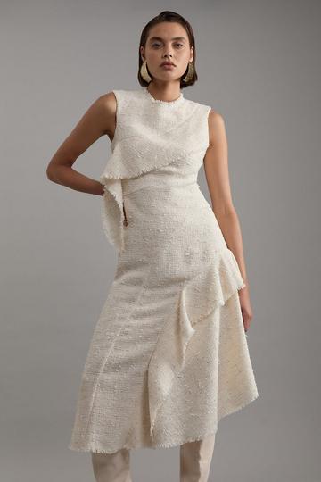 Metallic Boucle Tailored Sleeveless Asymmetric Midaxi Dress ivory