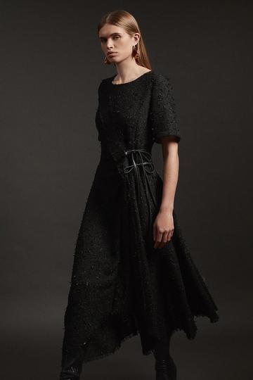 Metallic Boucle Tailored Ruffle Belted Asymmetric Midaxi Dress black