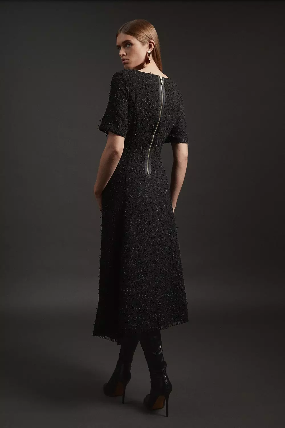 Metallic Boucle Tailored Ruffle Belted Asymmetric Midaxi