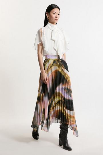 Georgette Belted Pleat Woven Midi Skirt multi